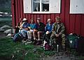 August 3, 1997 - Haugastl to Finse hike, Norway.<br />First break at a farm building: Glynis, Lynne, Joyce, Michael, Lynn, and Torger.