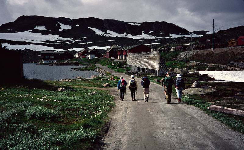 August 3, 1997 - Haugastl to Finse hike, Norway.<br />The crew entering the village of Finse.