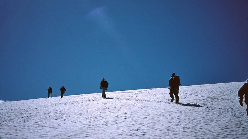 August 5, 1997 - From Finse to the Hardangerjkulen (glacier) and back, Norway.<br />Heading for the ridge on the glacier.