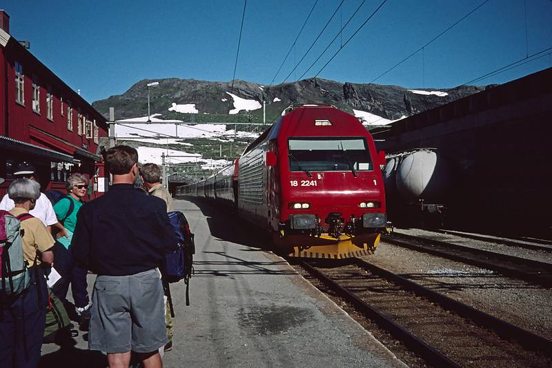 August 5, 1997 - Finse to Flm via Myrdal, Norway.<br />Bergen-Oslo train pulling into Finse (not our train).