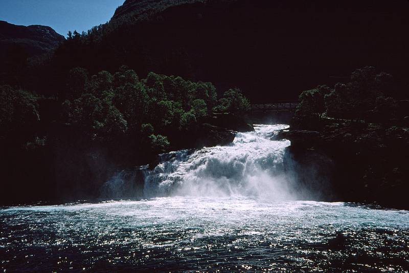 August 5, 1997 - Finse to Flm via Myrdal, Norway.<br />Waterfall on the Flmselvi  at Krdal (at the farm).