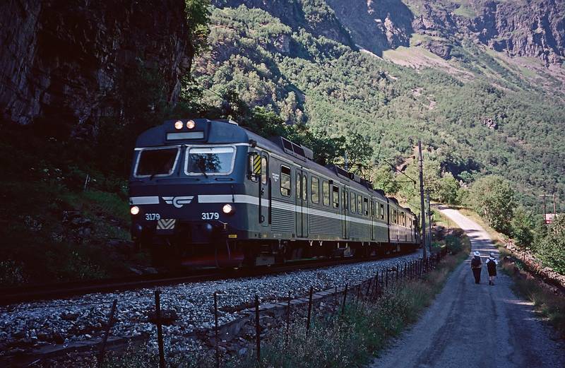 August 5, 1997 - Finse to Flm via Myrdal, Norway.<br />Another train heading upvalley for Myrdal.