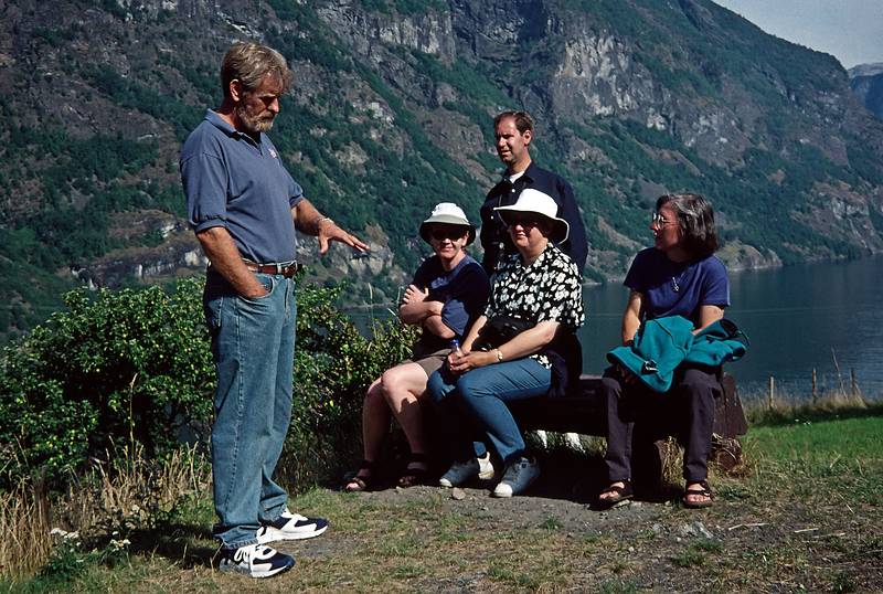 August 6, 1997 - In and around Flam, Norway.<br />Visiting a Viking farm.<br />Torger briefing us (Glynis, Lynne, Michael, and Joyce) on the Viking farm.