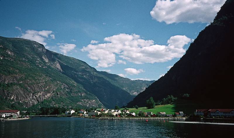 August 6, 1997 - In and around Flam, Norway.<br />A fjords tour to Gudvangen and back.<br />Approaching Aurland, which sits at the junction of the fiord and a side valley.