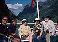 August 6, 1997 - In and around Flam, Norway.<br />A fjords tour to Gudvangen and back.<br />Michael, Joyce, Glynis, Lynne, and Egils on the ferry at Gudvangen.