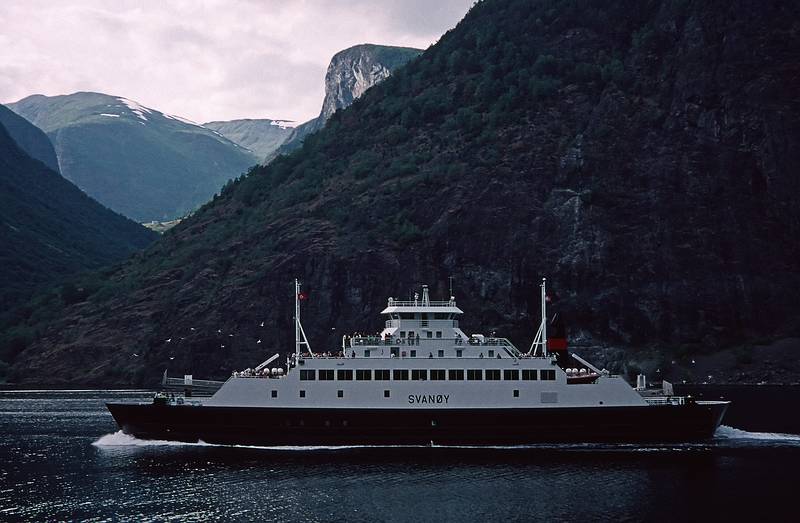 August 6, 1997 - In and around Flam, Norway.<br />A fjords tour to Gudvangen and back.<br />Another ferry boat, just like ours, heading the other way.