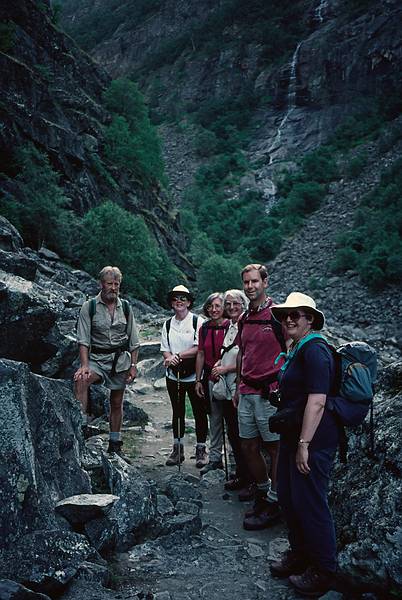 August 7, 1997 - Aurlandsdalen (Aurland valley) hike, Norway.<br />The group (Torger, Lynne, Joyce, Lynn, Michael, and Glynis)<br />in a narrow section of the valley in early morning shadow.