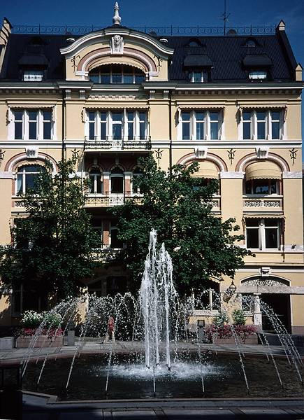 August 10, 1997 - Oslo, Norway.<br />Fountain and building across from the Museum of Contemporary Art.