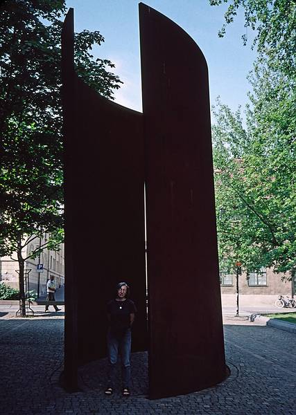 August 10, 1997 - Oslo, Norway.<br />Joyce and outdoor sculpture by Richard Serra outside the Contemporary Art Museum.