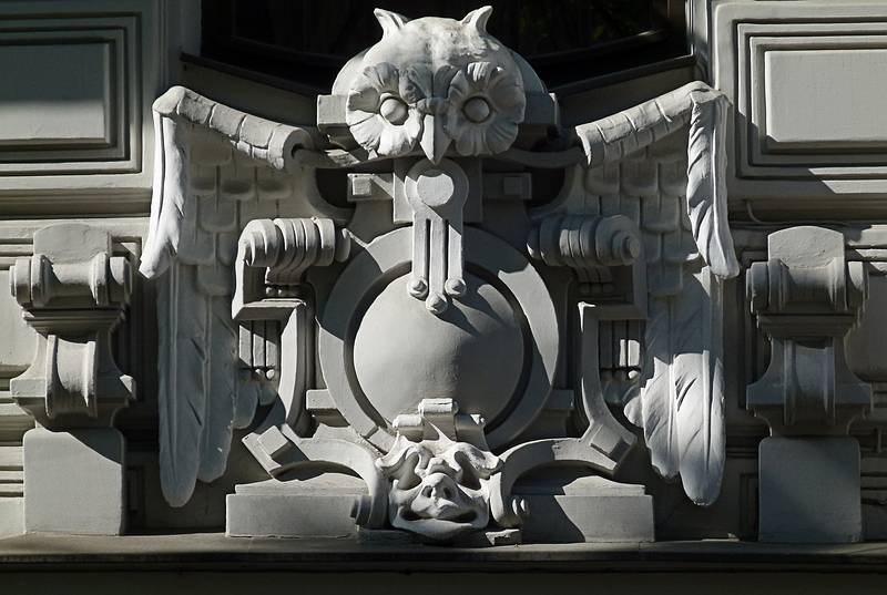 Detail of Art Nouveau building designed by Mikhail Eisenstein.<br />June 1, 2011 - Elizabetes Street 10b, Riga, Latvia.