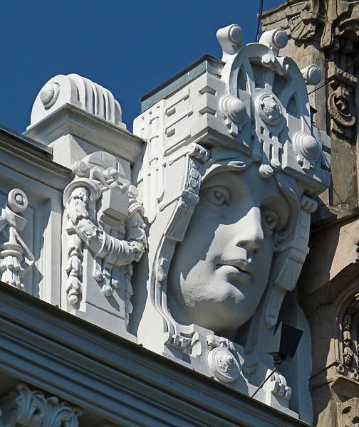 Detail of Art Nouveau building designed by Mikhail Eisenstein.<br />June 1, 2011 - Elizabetes Street 10b, Riga, Latvia.