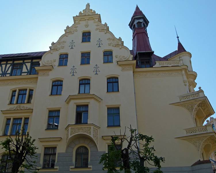 Apartment building with Art Nouveau Museum<br />on corner of Alberta and Strelnieku Streets.<br />June 1, 2011 - Riga, Latvia.