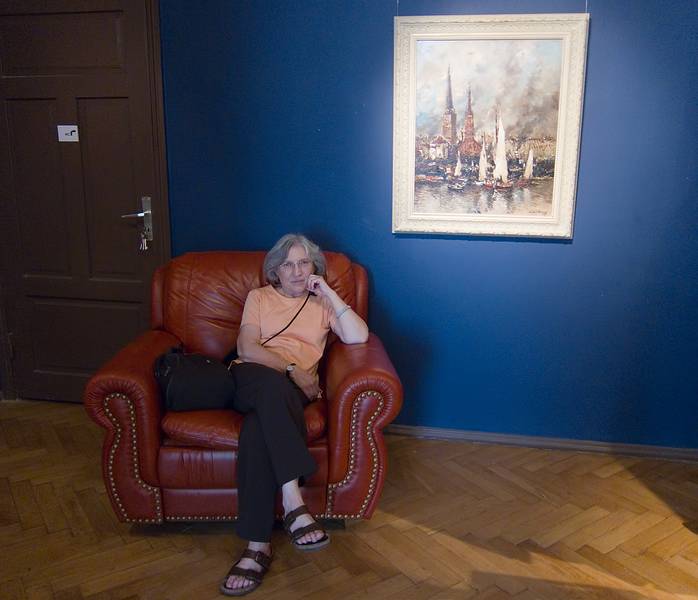 Joyce relaxing in an art gallery.<br />June 1, 2011 - Riga, Latvia.