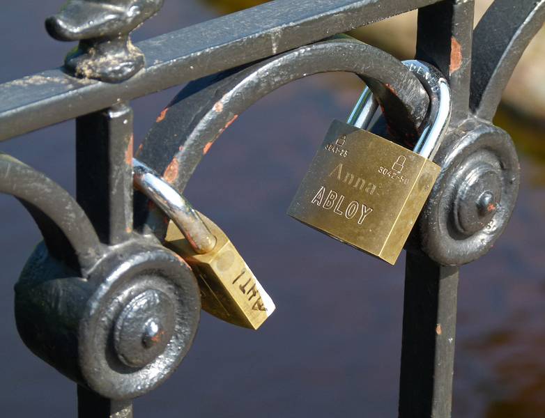 Wedding locks on bridge across the City Canal.<br />June 2, 2011 - Riga, Latvia.