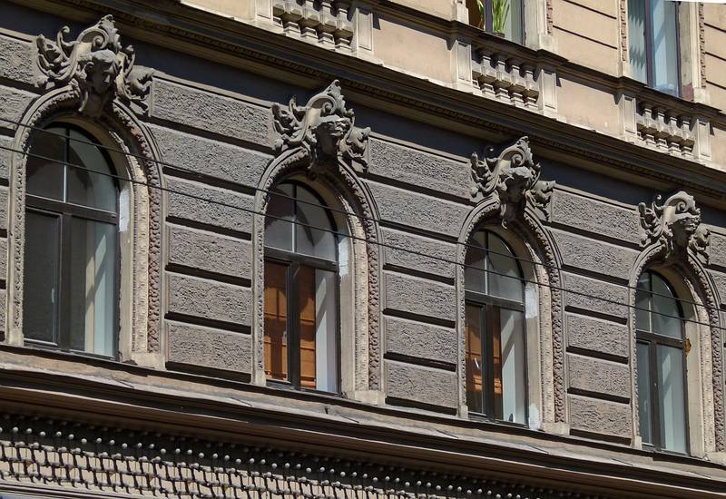 Detail of building on corner of Marijas and Alfreda Kalnina ielam.<br />June 2, 2011 - Riga, Latvia.