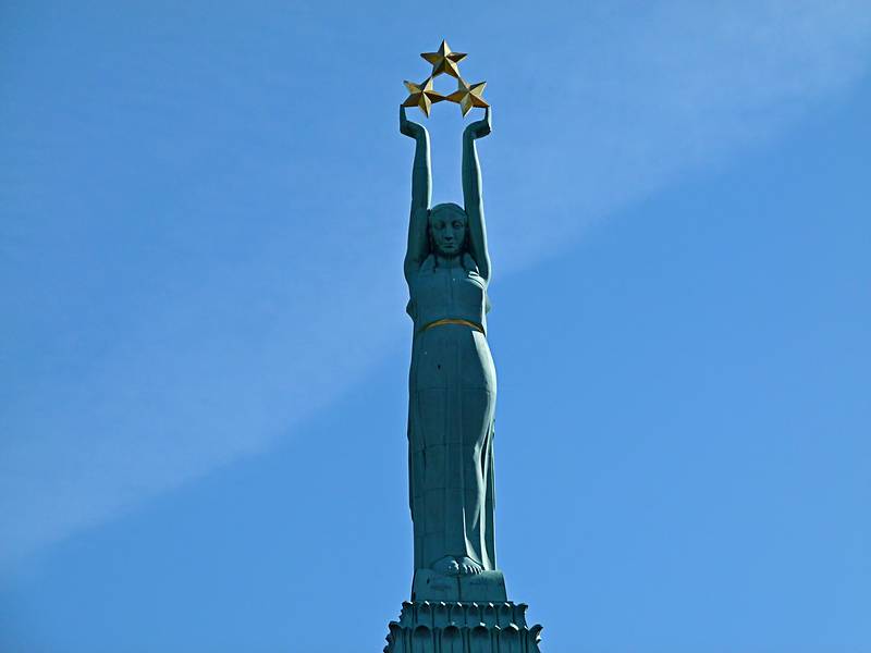 Top of the Freedom Monument.<br />The stars represent Vidzeme, Latgale, and Courland<br />(historically, Zemgale was included in Kurzeme (Courland)).<br />June 3, 2011 - Riga, Latvia.