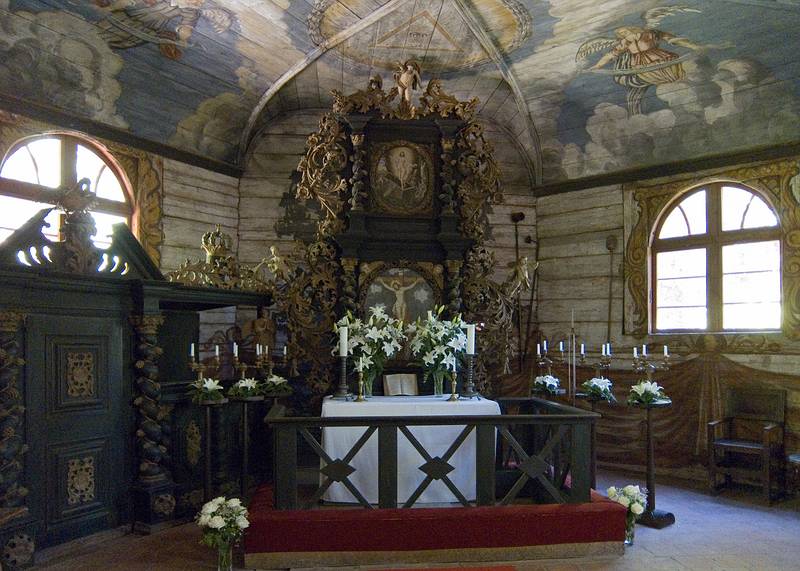 Altar of the village church.<br />Arts and crafts fair at the Latvian Ethnographic Open Air Museum.<br />June 4, 2011 - Riga, Latvia.