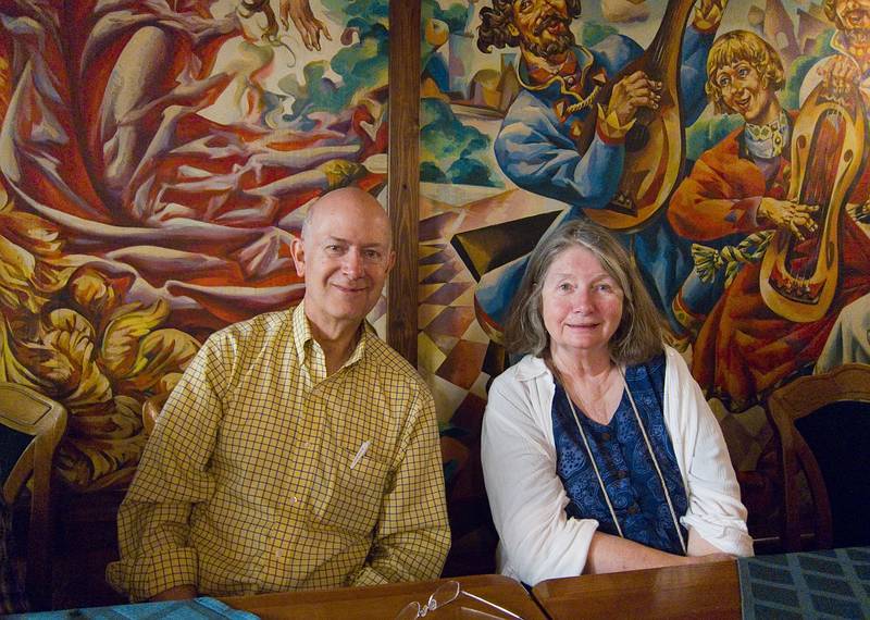 Chuck and Betsy.<br />Lunch at Traktieris, a Russian restaurant on Antonijas Street.<br />June 5, 2011 - Riga, Latvia.