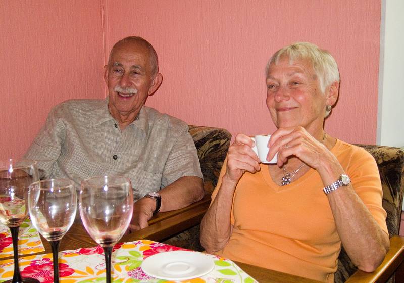 Ronnie and Baiba relaxing after dinner.<br />At the Aragats Caucasian Kitchen Restaurant.<br />June 5, 2011 - Riga, Latvia.