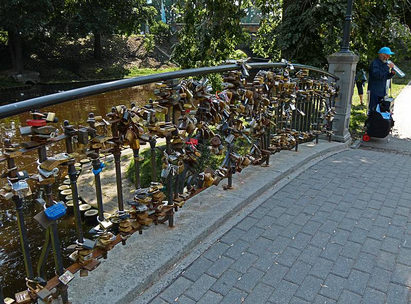 Wedding locks on bridge across the city canal.<br />June 12, 2011 - Riga, Latvia.