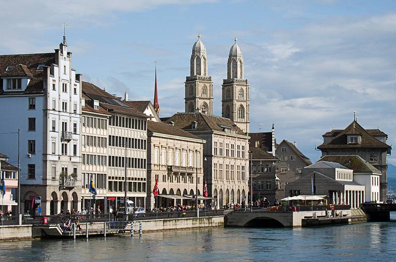 Along the Limmatquai with the twin towers of the Grossmnster in back.<br />July 21, 2011 - Zurich, Switzerland.