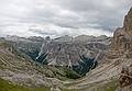 Looking E on the other side of the ridge.<br />Vallunga Val (valley) is ahead. We will keep high and to the left.<br />Hike from Seceda cable car terminal to Puez hut.<br />July 26, 2011 - NE of St. Ulrich/Ortisei, Italy.