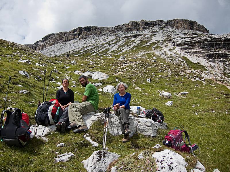 Melody, Sati, and Joyce at lunch.<br />Hike from Seceda cable car terminal to Puez hut.<br />July 26, 2011 - NE of St. Ulrich/Ortisei, Italy.