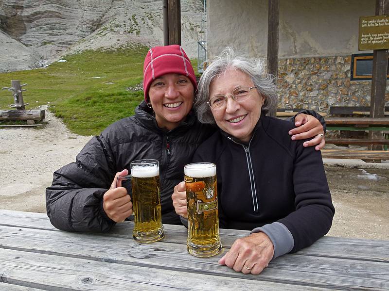 Melody and Joyce at the Puez Hut.<br />Hike from Seceda cable car terminal to Puez hut.<br />July 26, 2011 - NE of St. Ulrich/Ortisei, Italy.