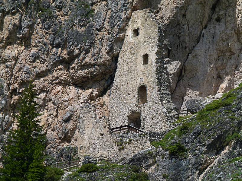 Ruins in the cliffside.<br />Remains of the Wolkenstein Castle.<br />July 27, 2011 - Hike from Puez Hut to Wolkenstein, South Tyrol, Italy.