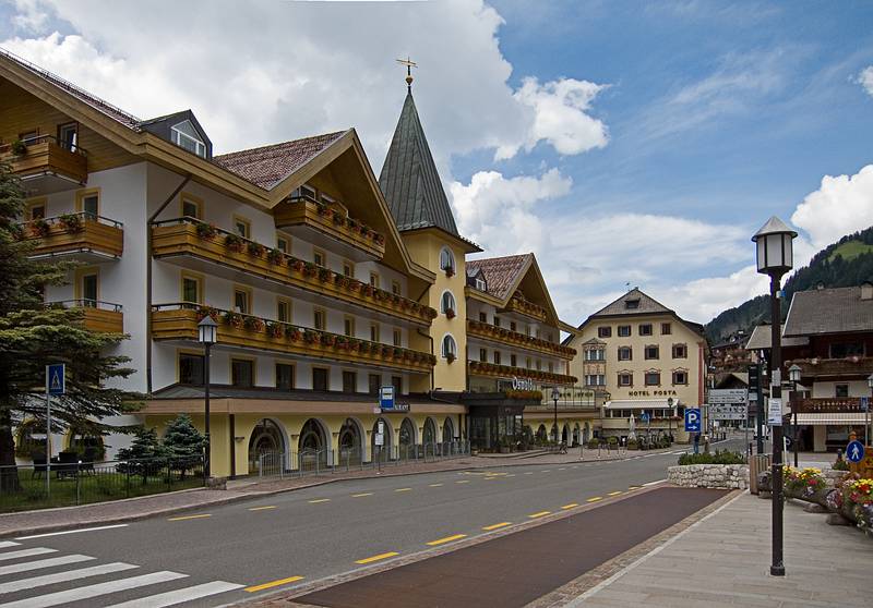 Along the main street in Wolkenstein/Selva Gardena.<br />July 27, 2011 - Hike from Puez Hut to Wolkenstein, South Tyrol, Italy.