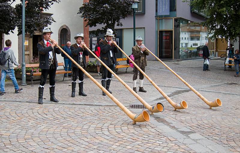 The Alpenhornblser (Alpine horn blowers).<br />July 27, 2011 - St. Ulrich/Ortisei, South Tyrol, Italy.