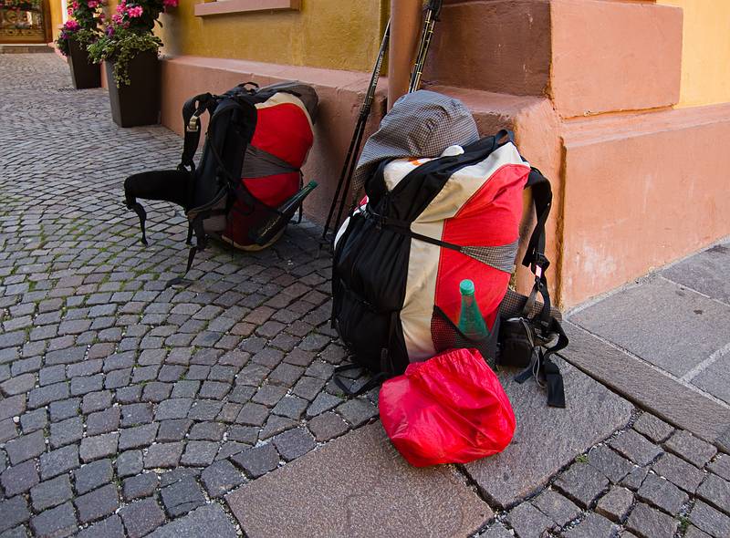 Sati's and Melody's backpacks with all paragliding, tenting, cooking, and clothing needs.<br />July 29, 2011 - Cortina d' Ampezzo, Italy.