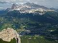 Cortina below with the Tofane group of mountains above it.<br />The highest is Tofana di Mezzo at 3244 m.<br />July 29, 2011 - Above Cortina, at the cable car terminal at Rifugio Faloria.