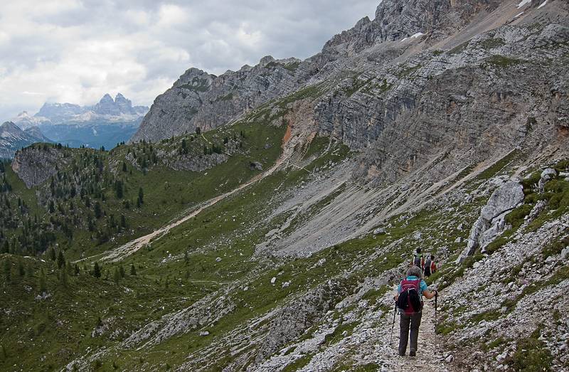 Joyce, Sati, and Melody still on trail #213.<br />Hike from cable car terminal at Rifugio Faloria to Rifugio Vandelli near Lake Sorapiss.<br />July 29, 2011 - East of Cortina d' Ampezzo, Italy.