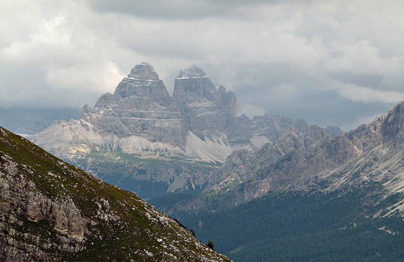 Peaks in the Cadini di  Misurina? View from trail #216.<br />Hike from cable car terminal at Rifugio Faloria to Rifugio Vandelli near Lake Sorapiss.<br />July 29, 2011 - East of Cortina d' Ampezzo, Italy.