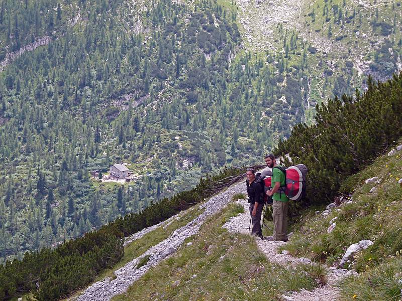 Melody and Sati on trail #216 with Rifugio Vandelli in sight.<br />Hike from cable car terminal at Rifugio Faloria to Rifugio Vandelli near Lake Sorapiss.<br />July 29, 2011 - East of Cortina d' Ampezzo, Italy.