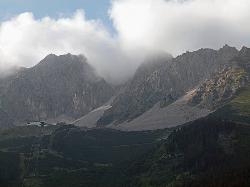 View of the Seegrube cable car terminal, to which we never got.<br />It was in the clouds the first time, and today we were too late.<br />July 31, 2011 - Innsbruck, Austria.