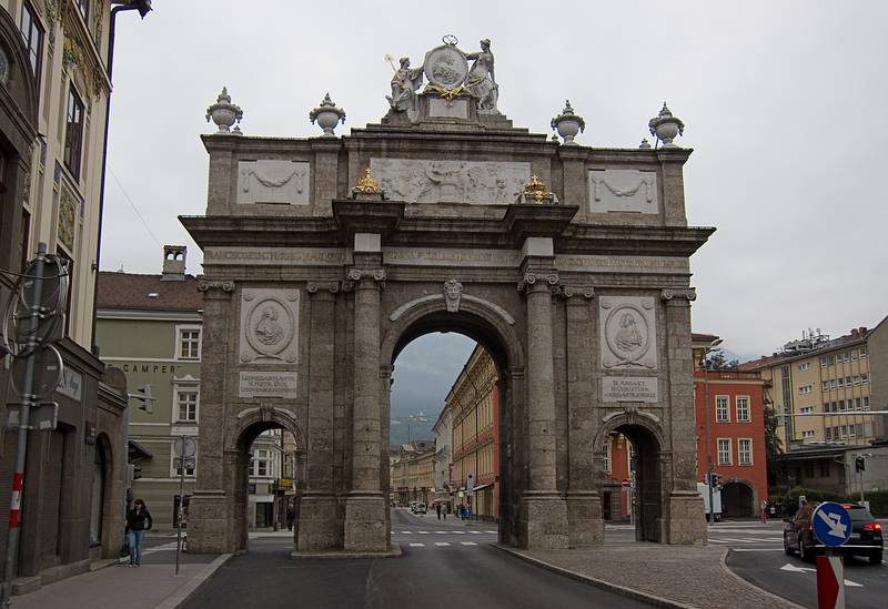 Triumphpforte (Triumphal Arch).<br />Our hotel, the Goldene Krone is the green building on the left behind the arch.<br />August 1, 2011 - Innsbruck, Austria.