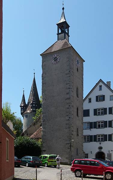 The Diebsturm (Thieves Tower) behind the St. Peter's Church tower,<br />the oldest (c. 1000) building in Lindau.<br />August 2, 2011 - Lindau, Bavaria, Germany.